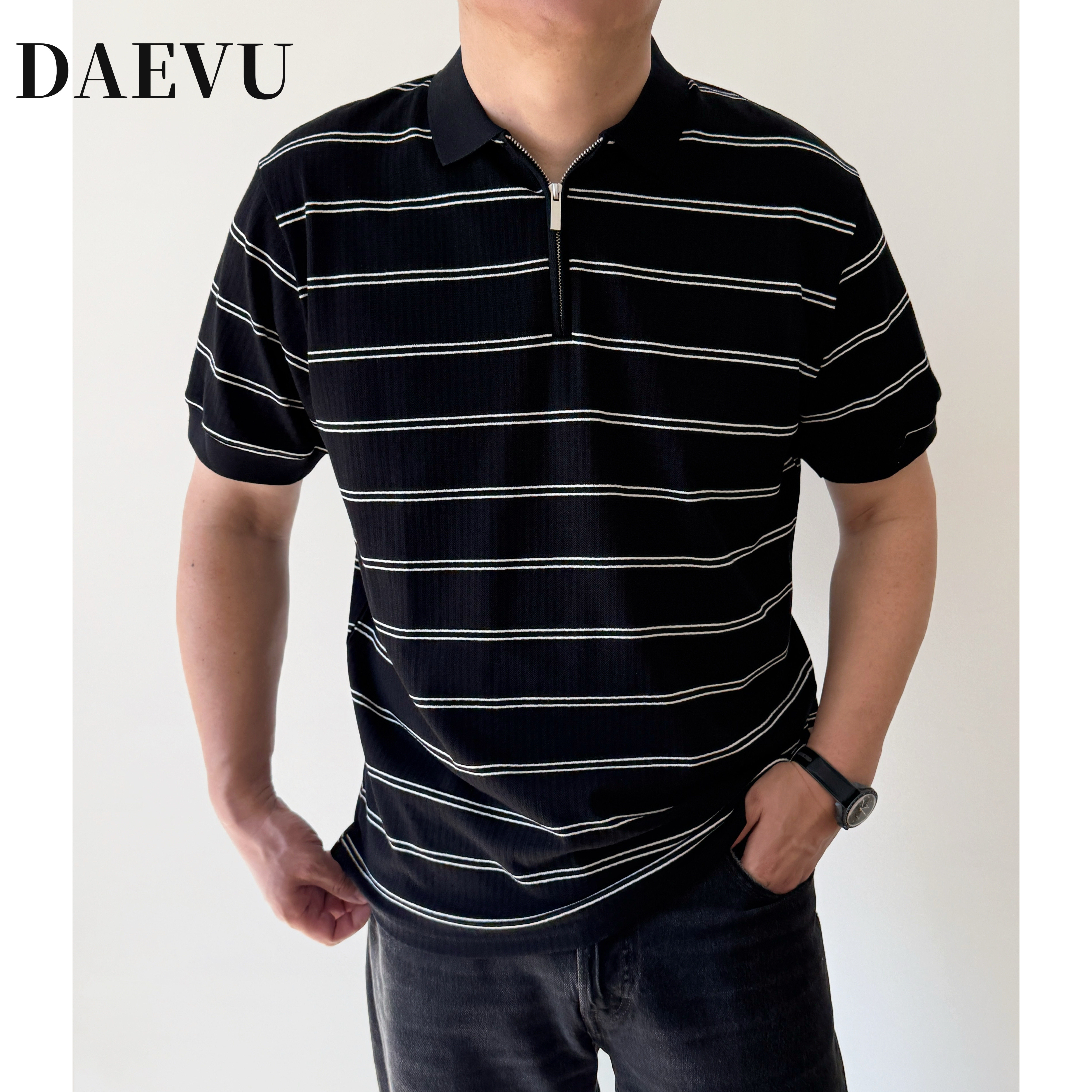 DAEVU夏季大码男装半拉链条纹胖人加肥加大男士翻领t恤短袖polo衫