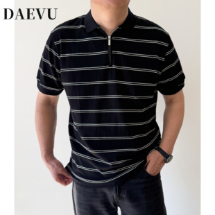 DAEVU夏季大码男装半拉链条纹胖人加肥加大男士翻领t恤短袖polo衫