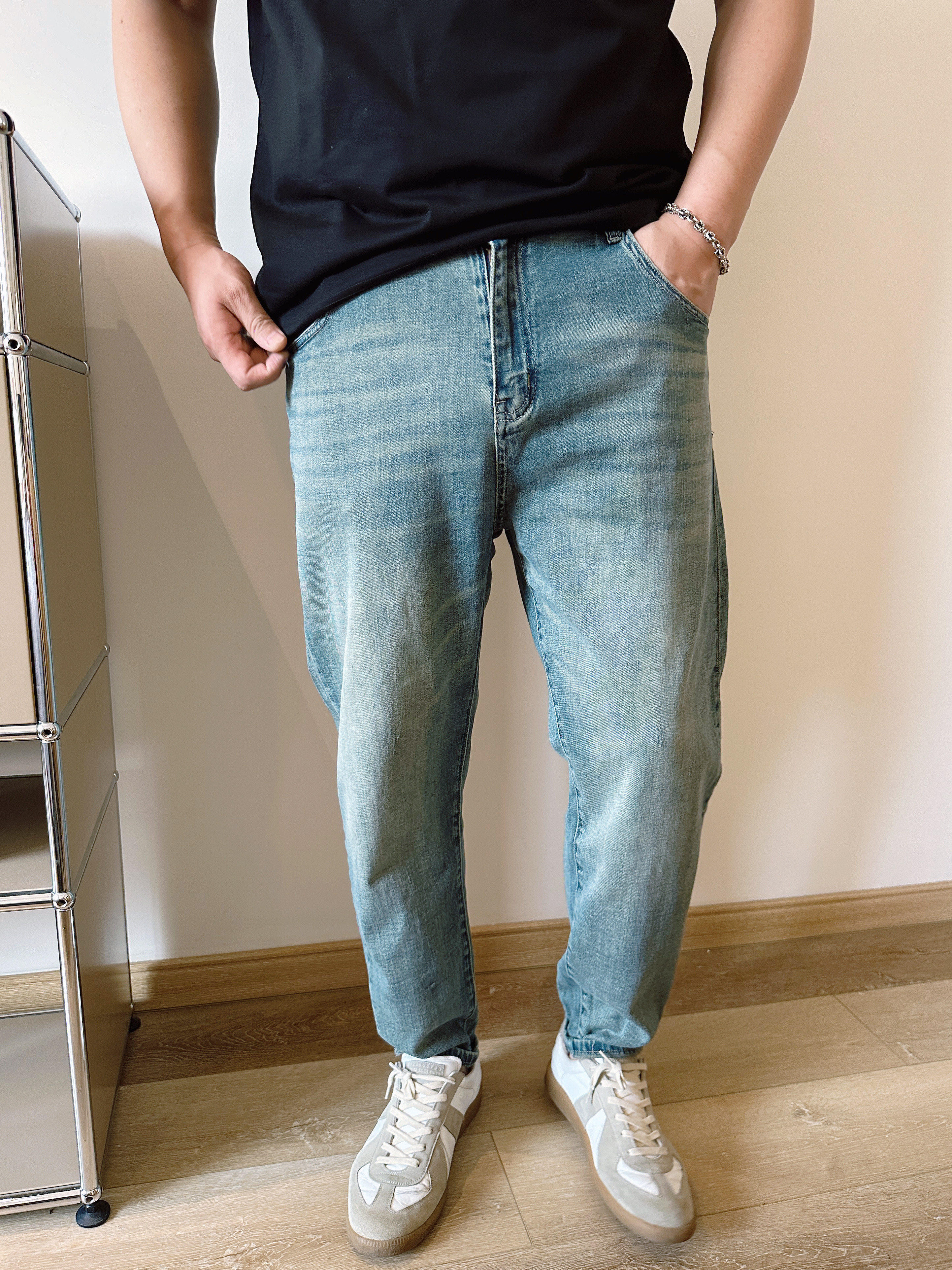 大依无忧春秋新款蓝怀旧水洗潮胖子弹力小脚加肥加大码男士牛仔裤