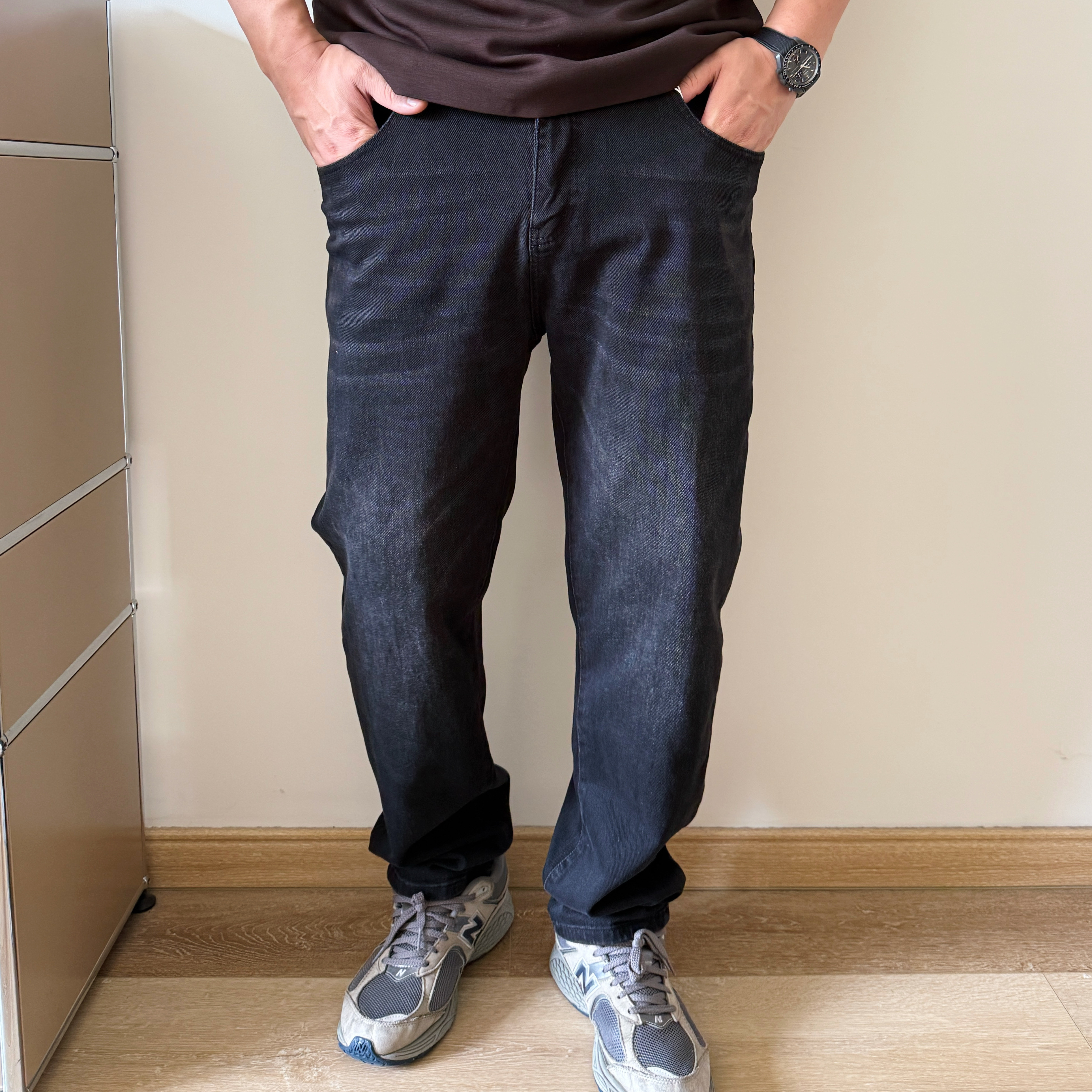 大依无忧大码男装秋季黑色洗水微阔宽松弹力胖子加肥加大男牛仔裤