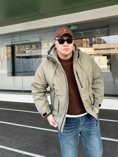 大依无忧初冬新款豆绿潮胖子加肥加大码男士短款连帽薄棉上衣外套