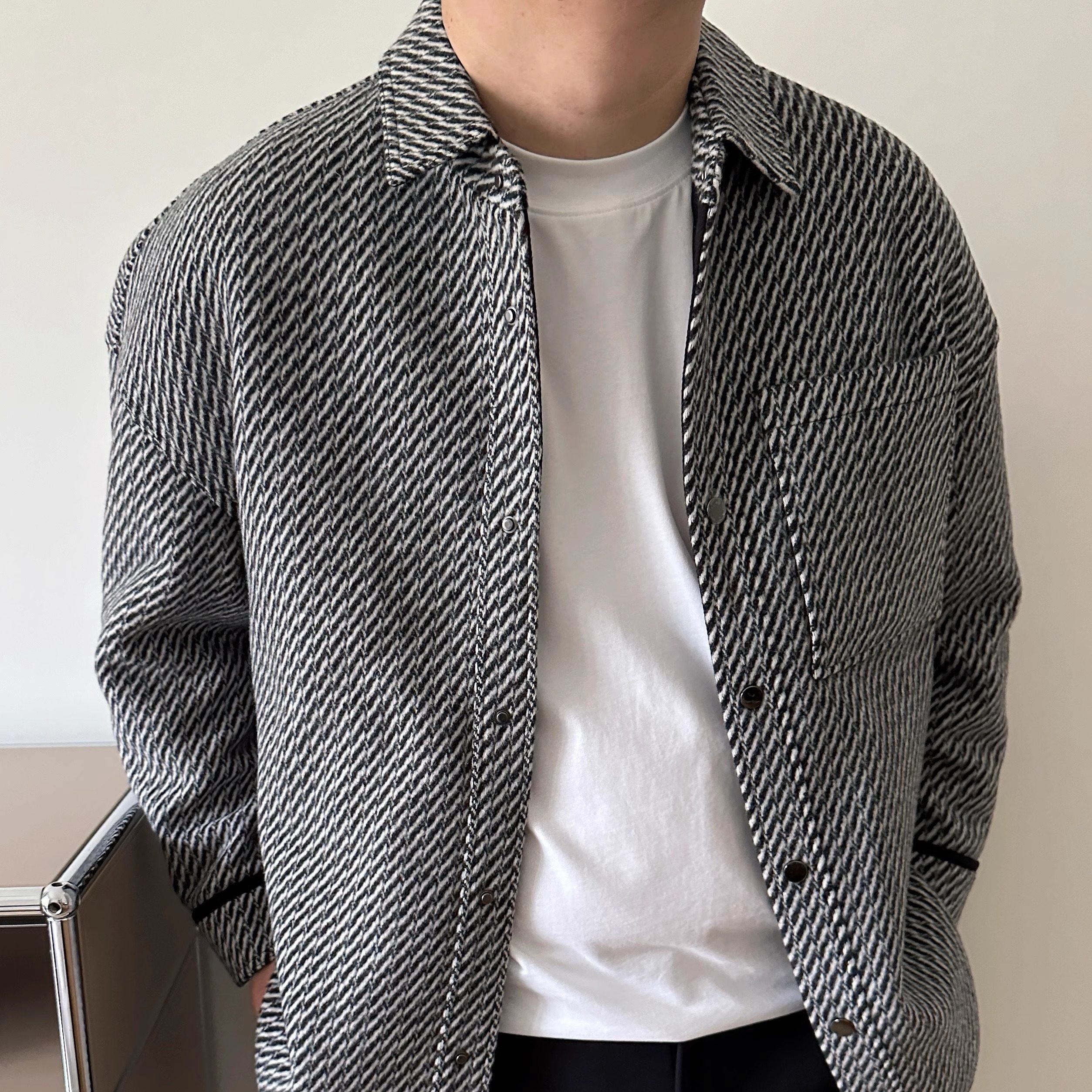 大依无忧大码男装冬季千鸟格厚料加肥加大男士短款翻领毛呢外套