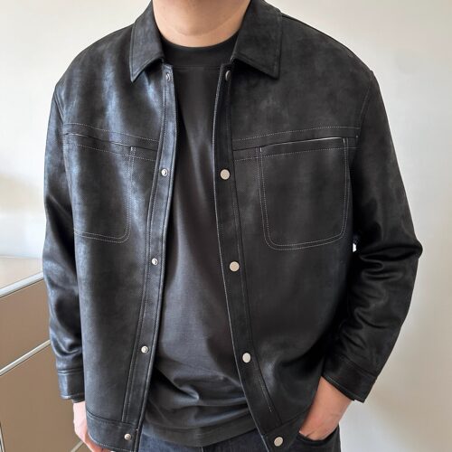大依无忧大码男装春秋款明线加肥加大男士短款翻领PU夹克皮衣外套