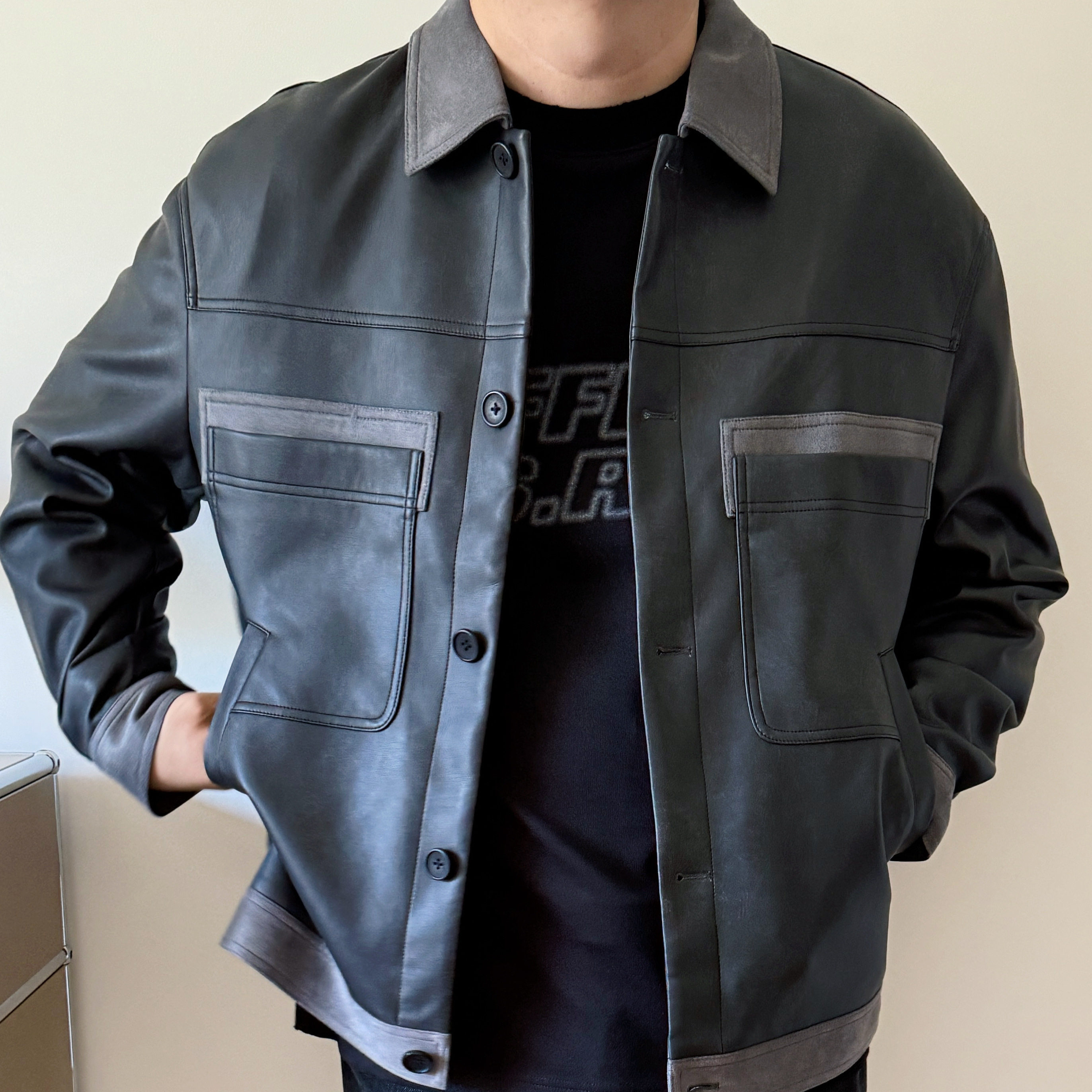 大依无忧大码男装春秋款翻领拼色加肥加大男士短款pu皮衣夹克外套