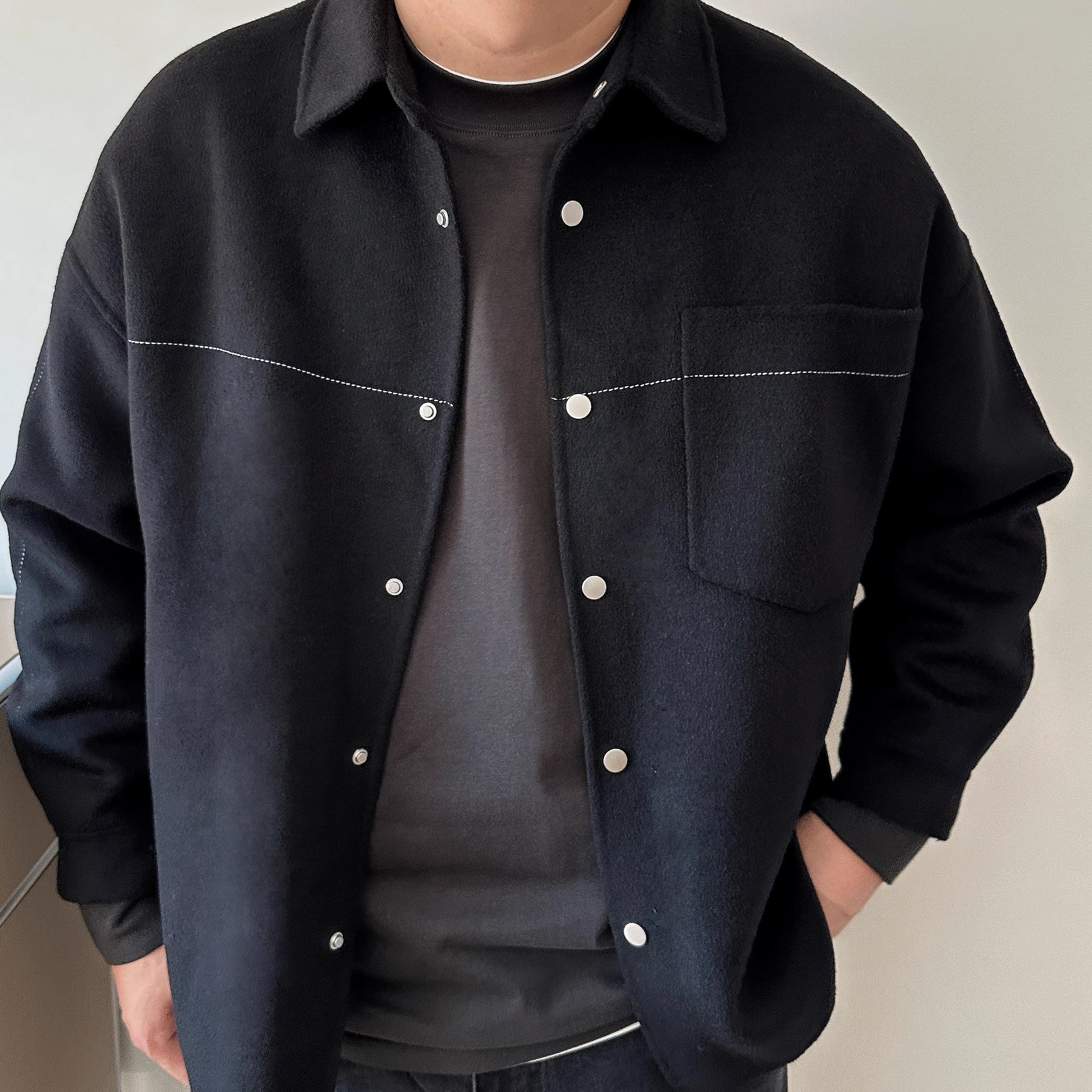 大依无忧大码男装冬季廓版胖人加肥加大男士短款翻领毛呢衬衫外套