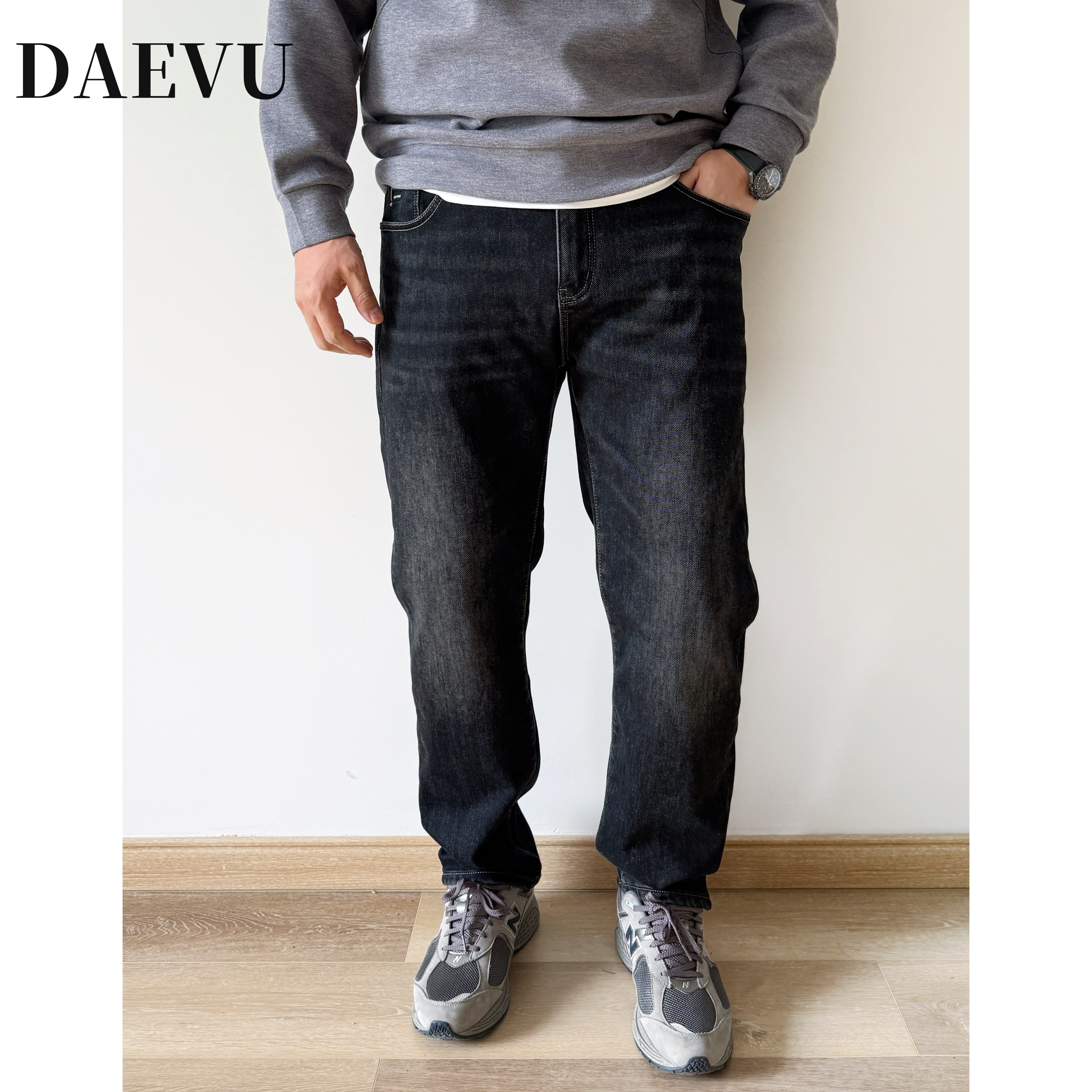 大依无忧大码男装冬款黑灰色抓绒加厚弹力胖子加肥加大男士牛仔裤