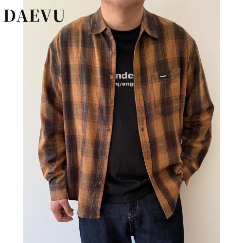 春秋磨毛棕咖大格子休闲衬衫外套