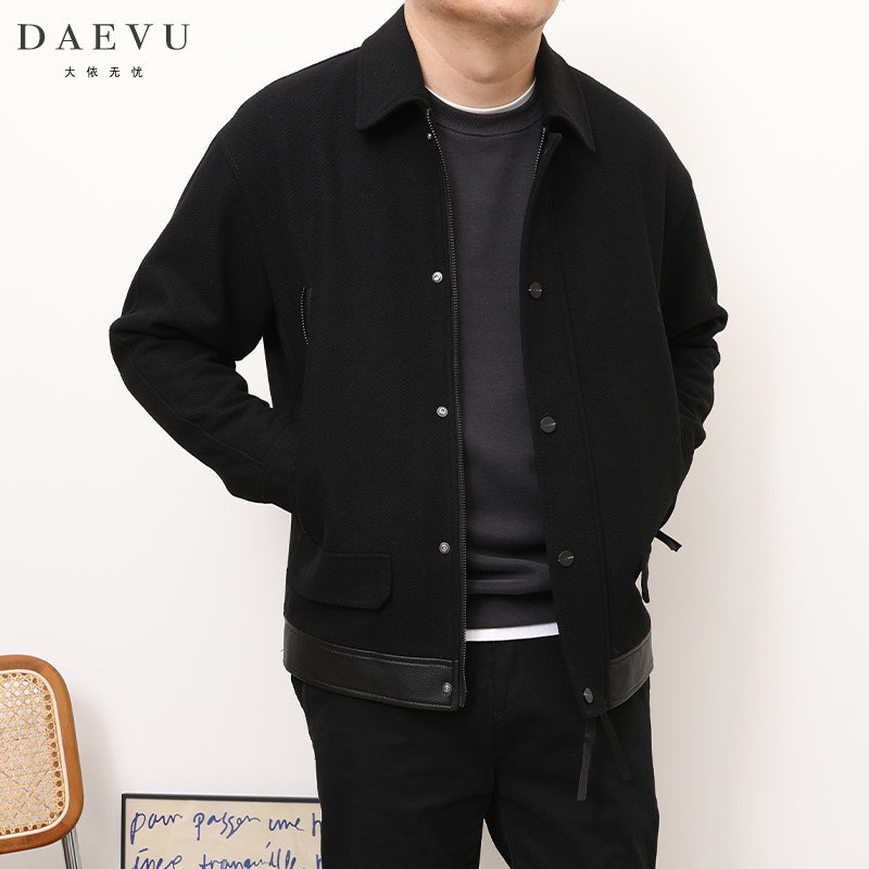 DAEVU秋冬新款韩版潮胖子加肥加大码男士短款翻领毛呢夹克外套
