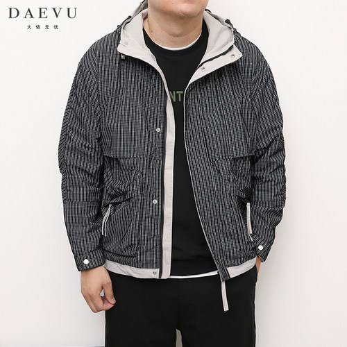 DAEVU秋新款条纹日系大号潮胖子加肥加大码男士短款连帽夹克外套