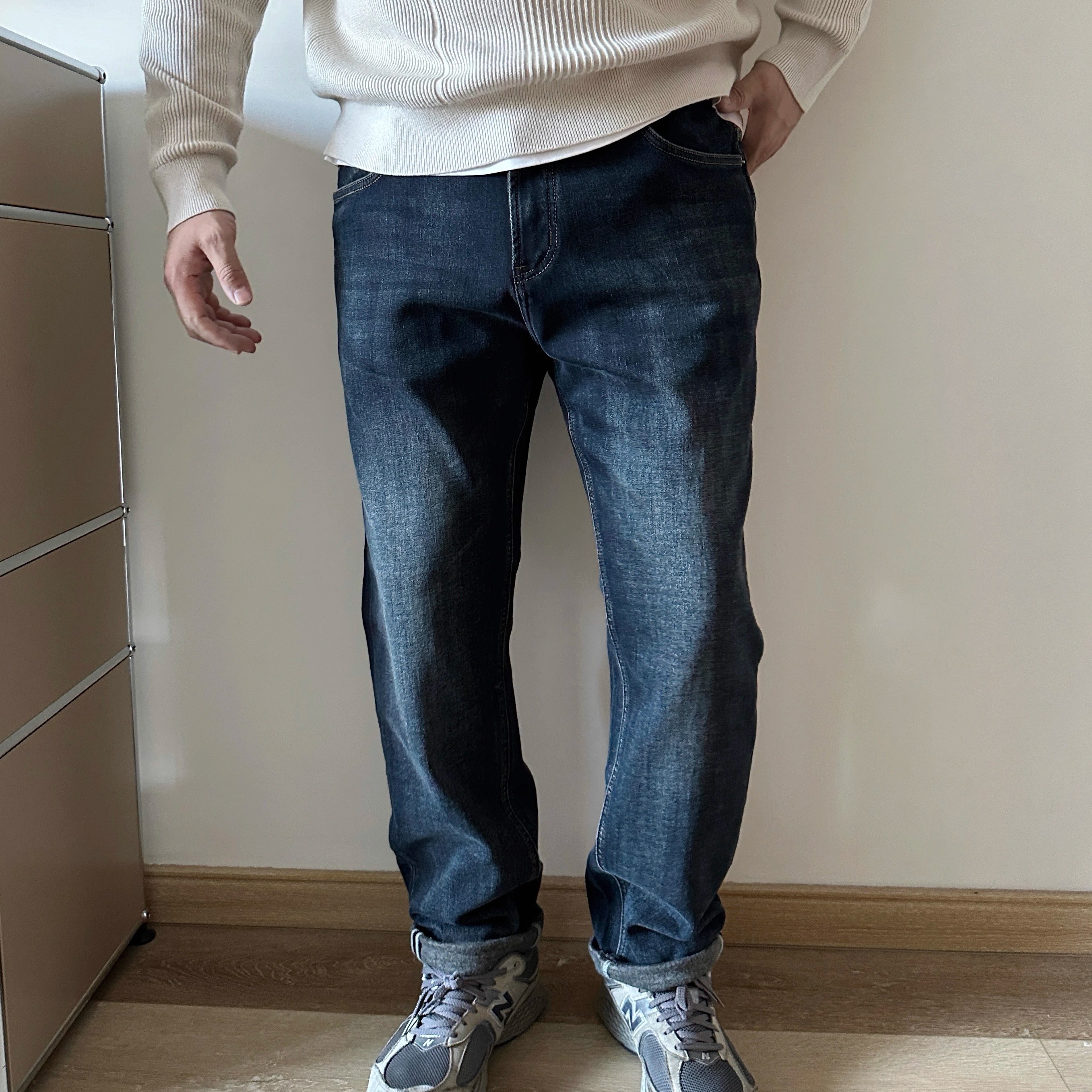 DAEVU冬款宽松版蓝色水洗加厚磨毛胖子弹力加肥加大码男士牛仔裤