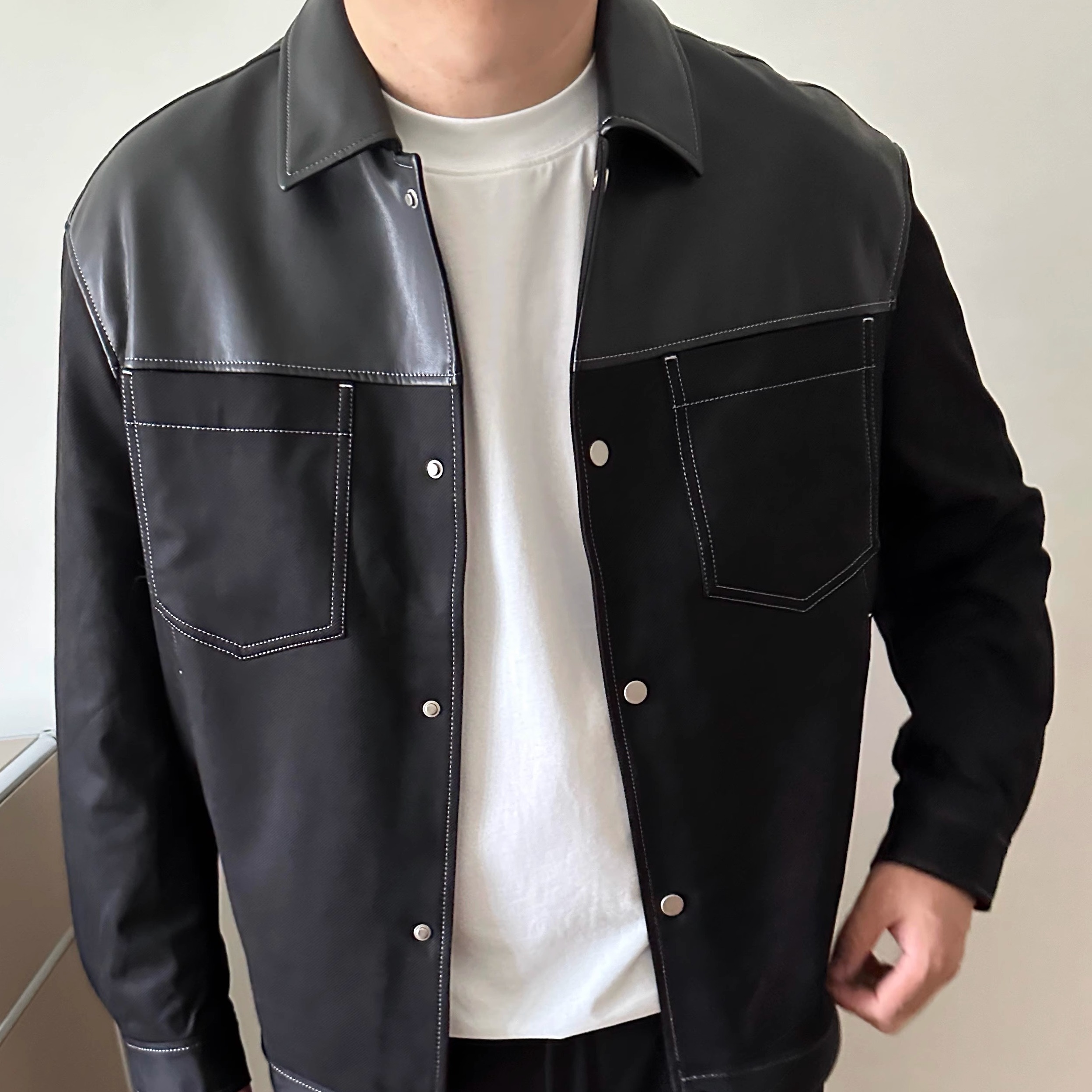 大依无忧翻领PU皮衣夹克