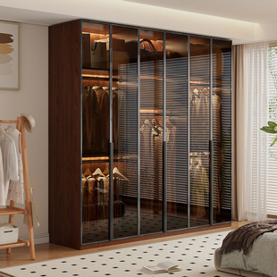 实木衣柜家用卧室收纳柜子小户型定制衣帽间一门到顶玻璃门大衣橱