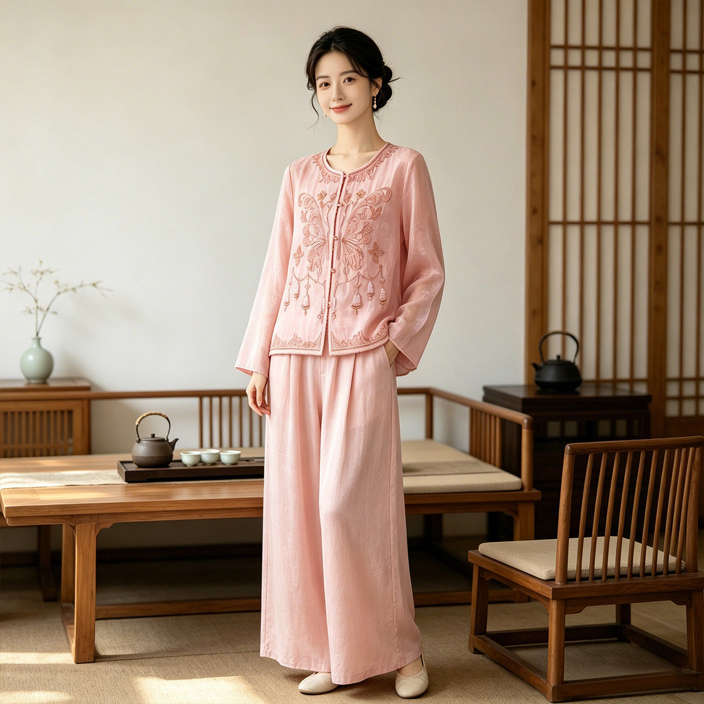 2026年春季复古风提花长袖衬衫女圆领开衫直筒可外穿高级感上衣
