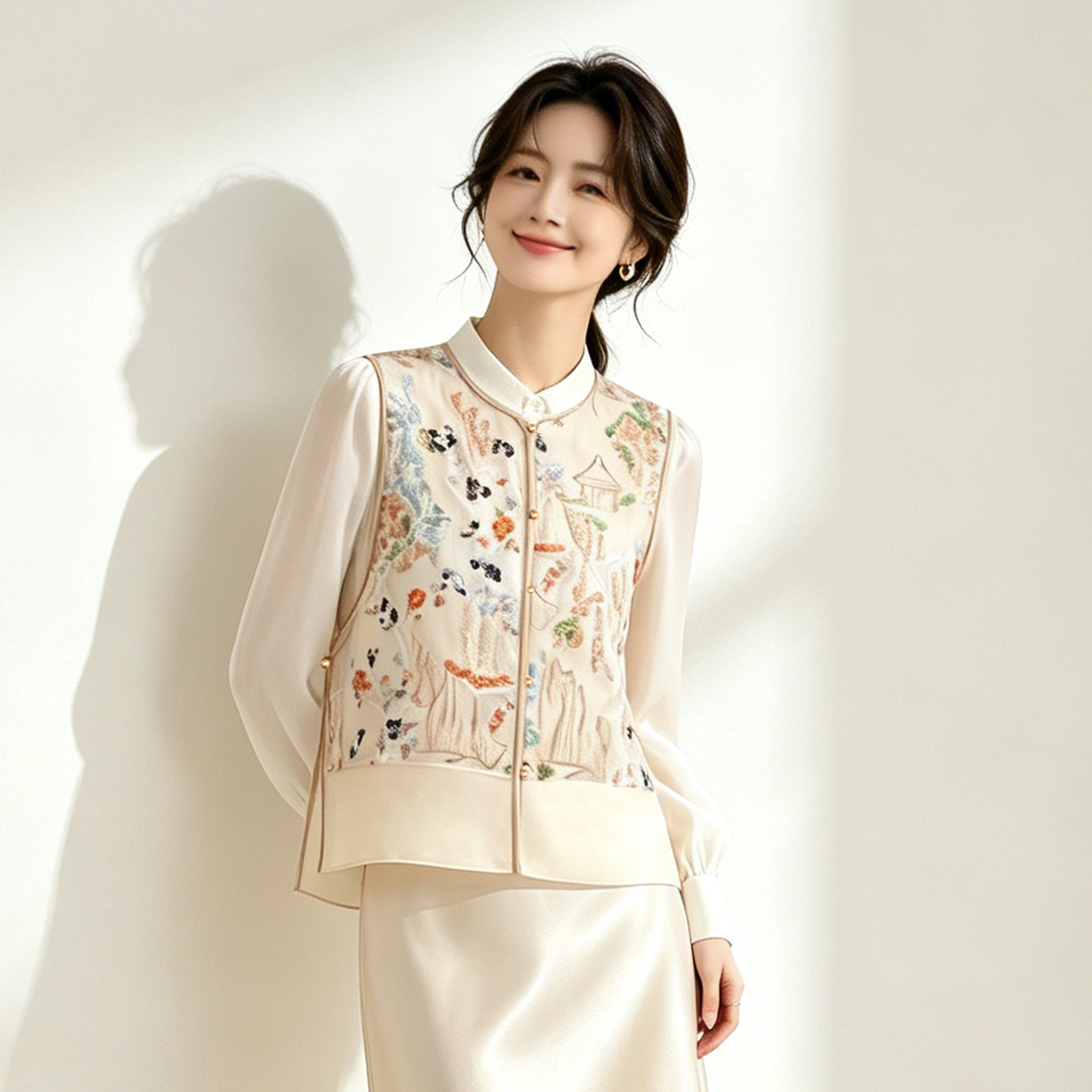 新中式重工珠片桑蚕丝马甲女2026夏季网纱侧开叉背心叠穿真丝罩衫