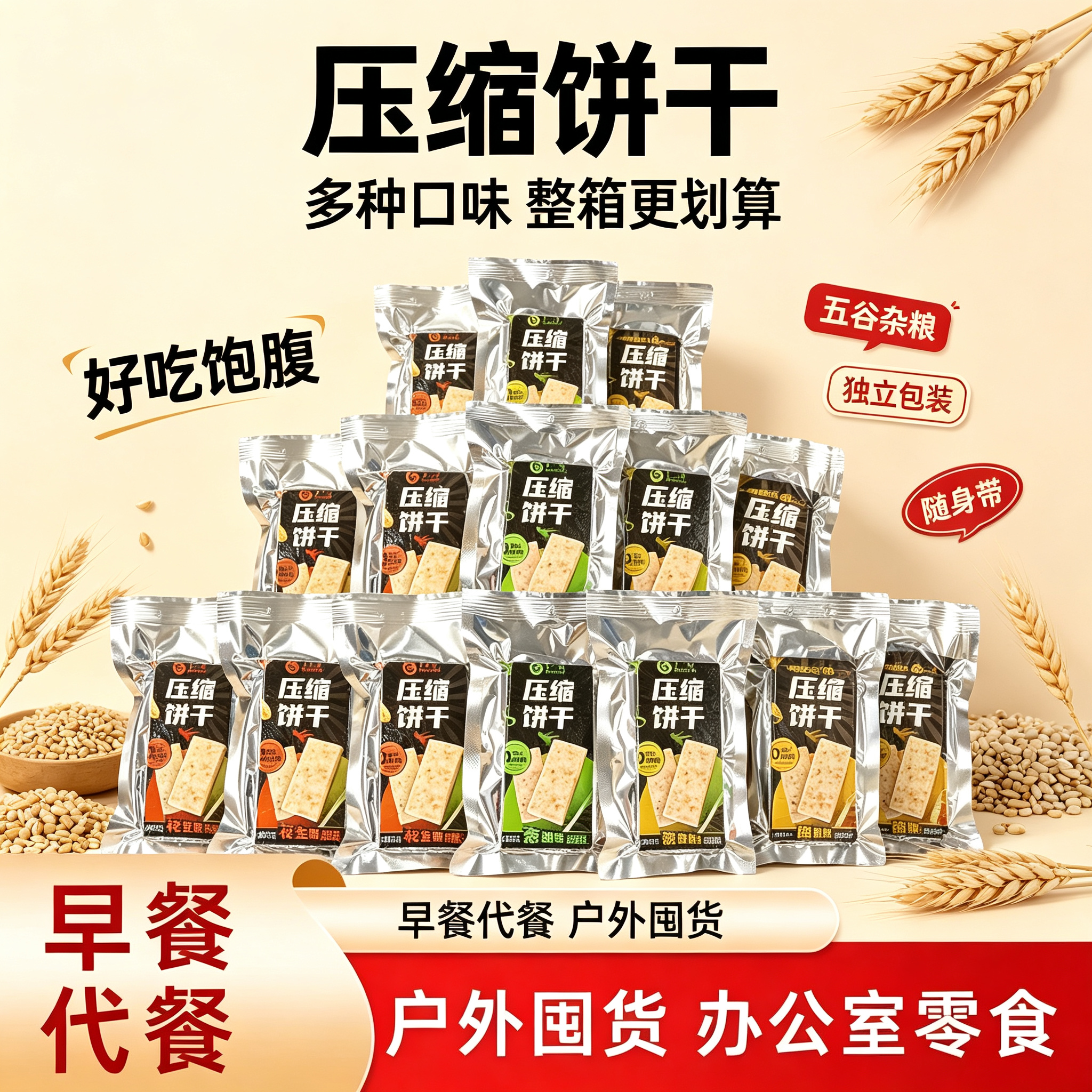户外露营压缩饼干大块粗粮充饥登山骑行代餐干粮多口味独立装零食