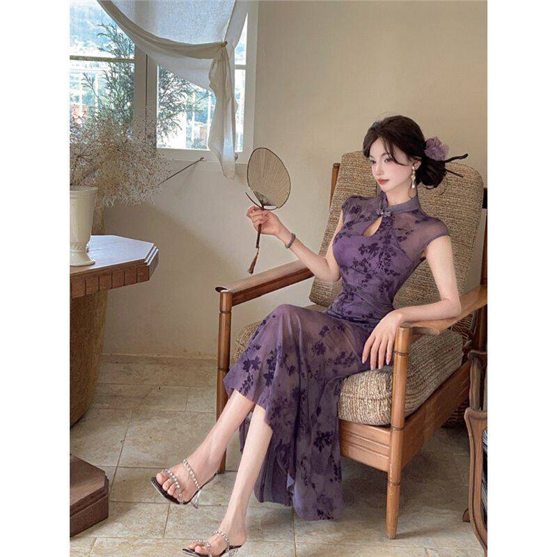 国风新中式复古改良版少女旗袍长裙夏季新款碎花修身鱼尾连衣裙子