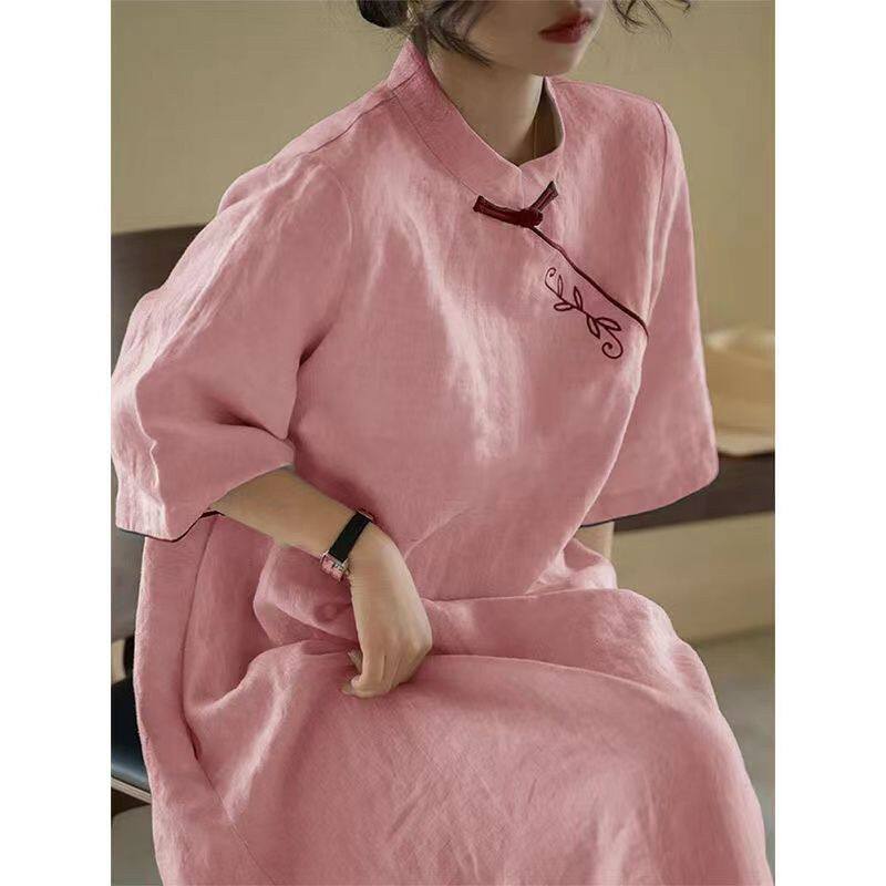 2025春夏季棉麻宽松复古刺绣新中式改良旗袍连衣裙小立领绣花裙子