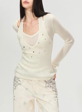 PRRP 性感细闪挂脖假两件重工手缝亮片长袖上衣女收腰百搭打底衫