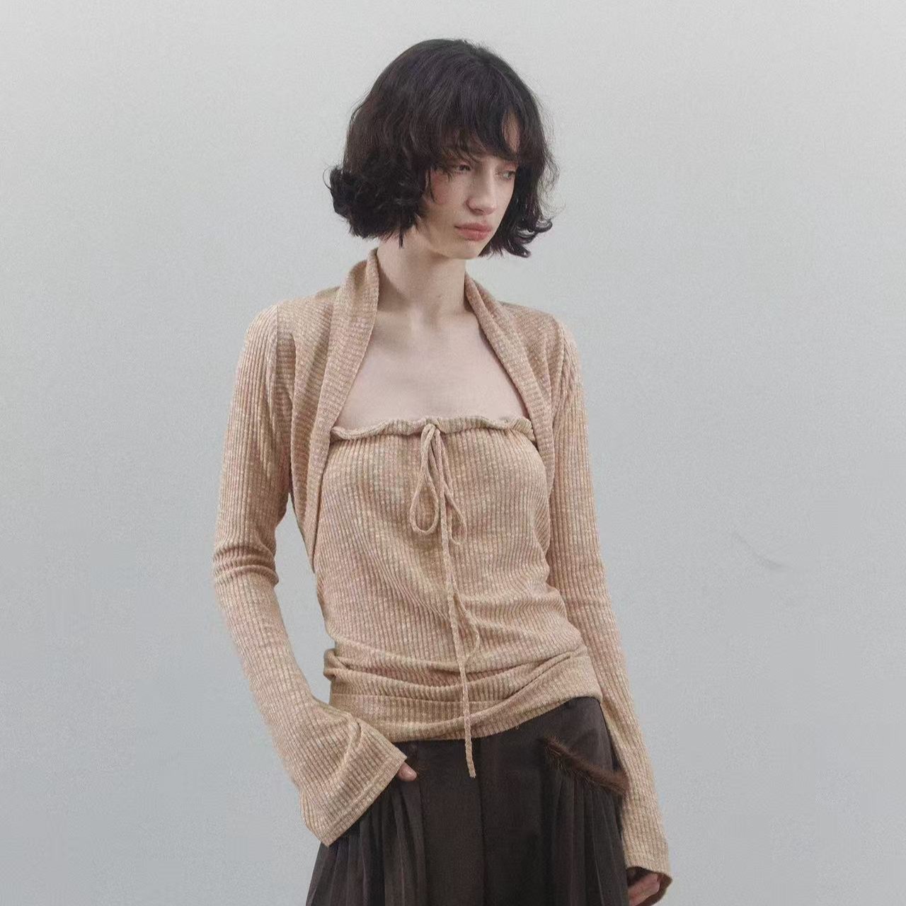 mottoless原创淡橙花纱磨毛针织抹胸抽褶系绳两件套长袖针织上衣