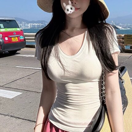 Laareetoo  天丝羊毛短袖T恤女夏季新款简约百搭上衣修身显瘦打底
