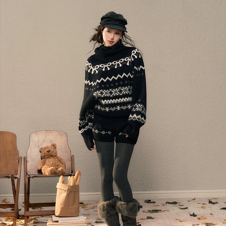 H2AN1 STUDIO美式复古费尔岛高领毛衣外套针织上衣女短裤套装