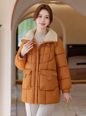 毛领羊羔毛羽绒棉服女中长款加厚外套2025新款冬季棉袄时尚感棉衣