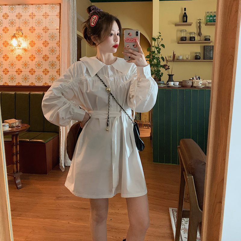 Real price - spring long sleeve loose waist dress commuter white shirt skirt medium length design