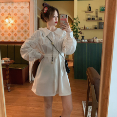 Real price - spring long sleeve loose waist dress commuter white shirt skirt medium length design