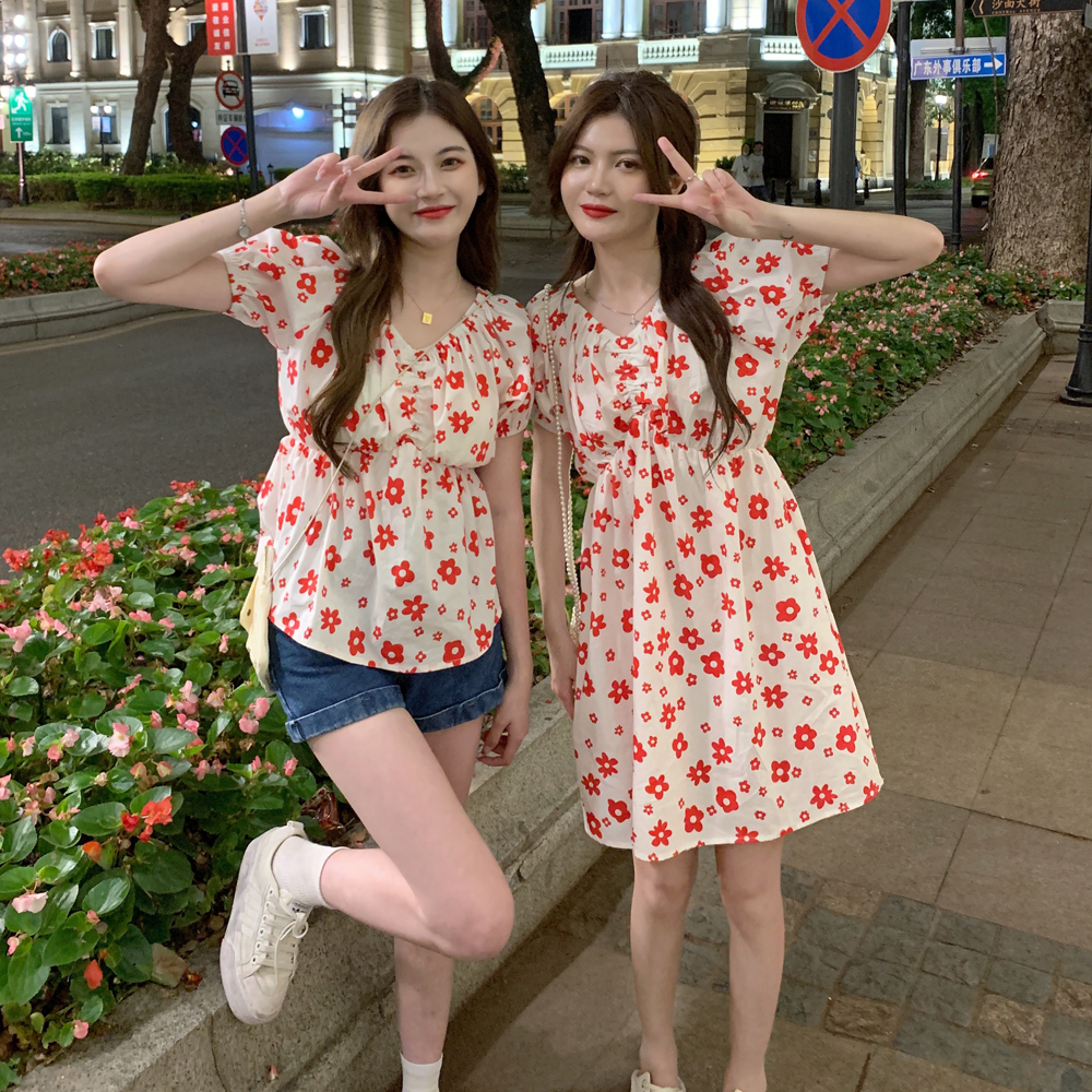 Real price - Vintage safflower long shorts baby shirt women's V-neck bubble sleeve waist dress