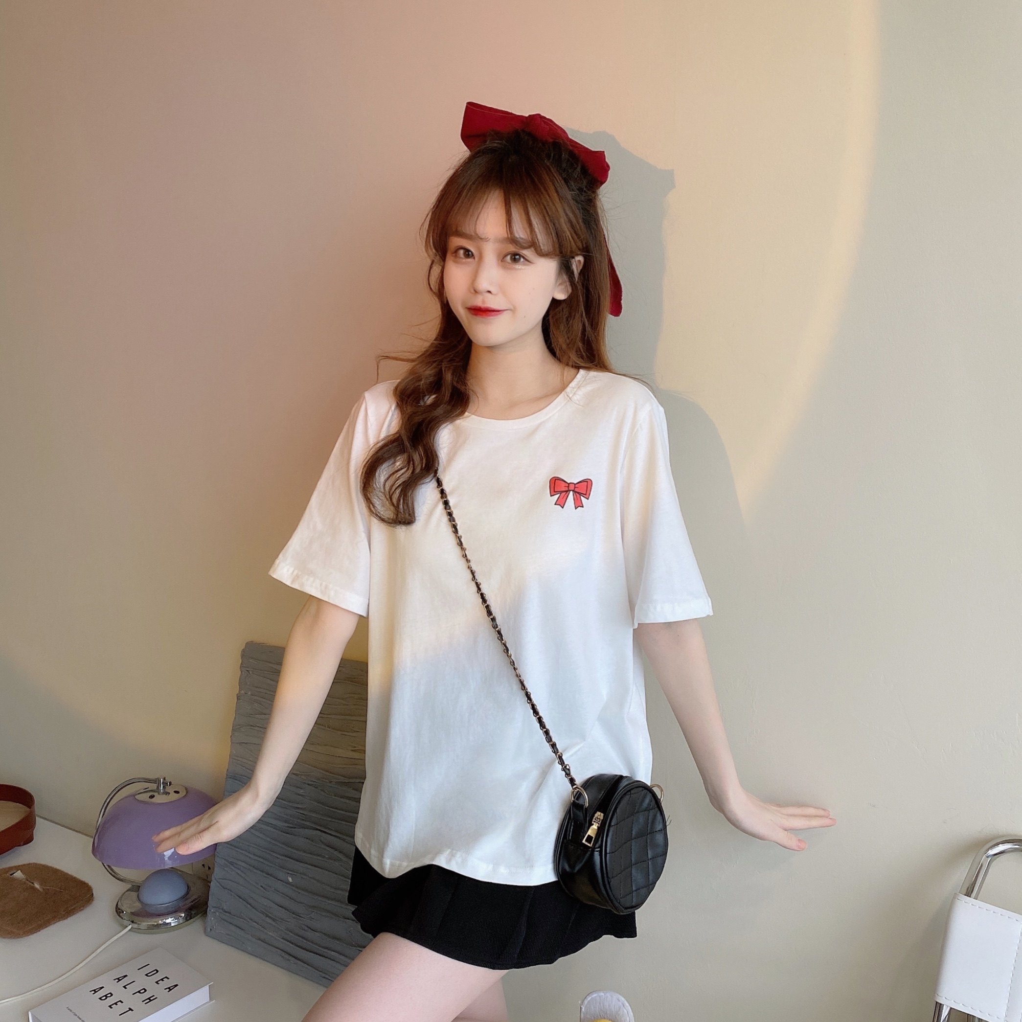 Real price new spring women's versatile round neck bow print bottomed Shirt Short Sleeve T-Shirt