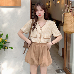 Real price retro small fragrance Short Sleeve Plaid collar top bubble bud shorts two piece women's suit
