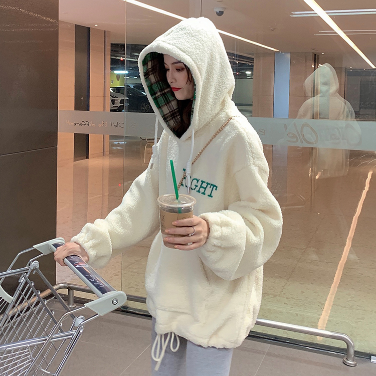 Korean version of loose lamb hair cover hooded sweater women's versatile letter embroidery coat
