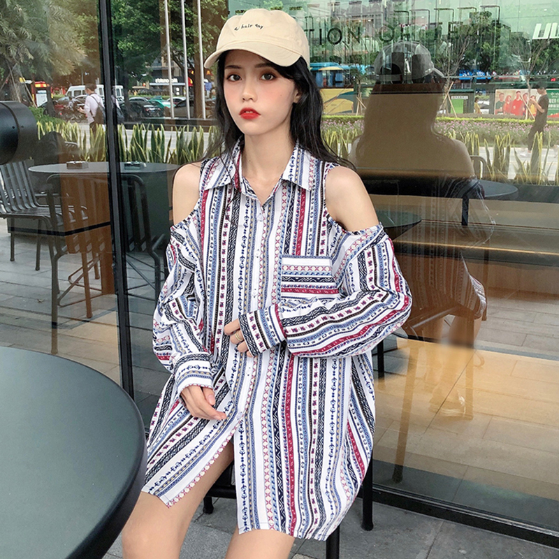 Real price off the shoulder shirt striped top women's long sleeve 2020 new Hong Kong Style loose medium length shirt