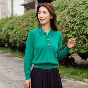 宝迪莱丝2024春季天丝针织衫女翻领长袖毛衫休闲毛衣纯色打底衫