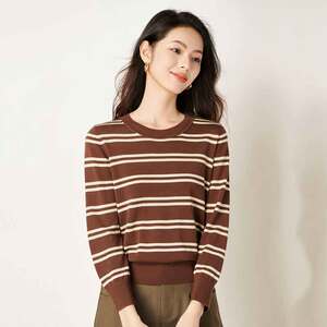 宝迪莱丝2024春秋品牌天丝针织衫女九分袖圆领条纹毛衫百搭打底衫