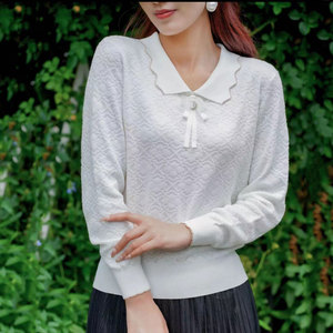 宝迪莱丝莱赛尔天丝针织衫女2024春装娃娃领长袖毛衫纯色上衣