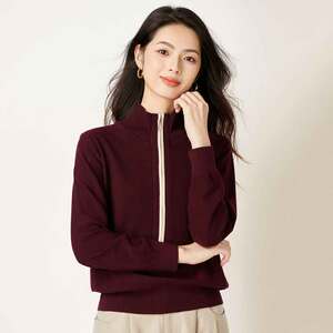 宝迪莱丝2024秋冬莱赛尔天丝针织衫女长袖翻领毛衫拉链半开领毛衣