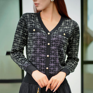 宝迪莱丝2024春装莱赛尔天丝针织衫女V领小香风长袖毛衣钩花上衣