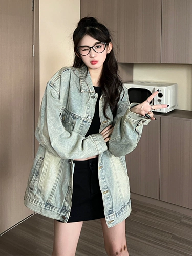 Ретро джинсовая короткая куртка, в американском стиле, оверсайз, осенняя