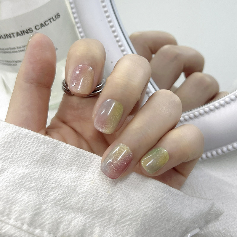 早春多巴胺彩穿戴甲彩虹糖果硬糖玻璃珠猫眼晕染美甲可拆卸假指甲