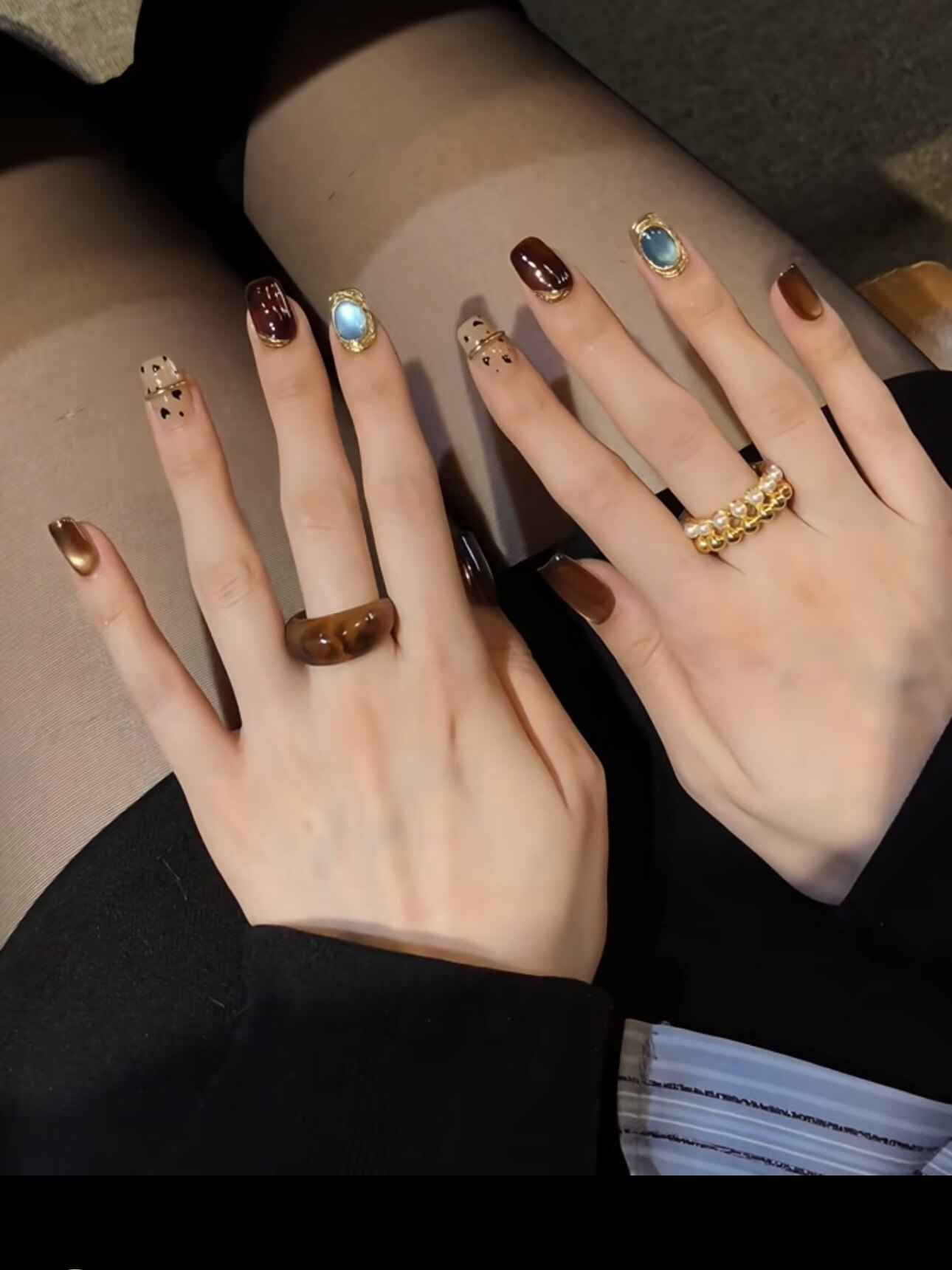 秋冬新款高级感显白蓝棕撞色琥珀猫眼宝石美甲成品098手工穿戴甲