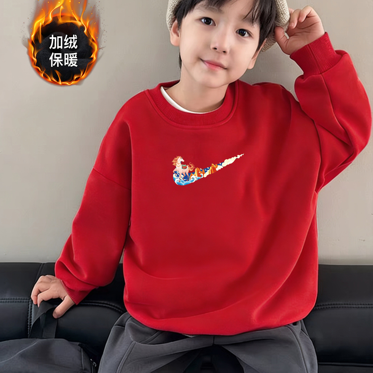 男童中大童长袖新年红色秋冬季加绒卫衣拜年服马年过年服上衣女童
