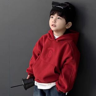 新年衣男童加绒红色卫衣秋冬2025新款连帽衫儿童加厚套头衫上衣
