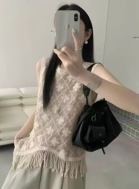 厂商度假风网格钩花宽松上衣韩版气质女性背心针织流苏上衣背心