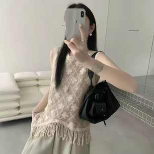 厂商度假风网格钩花宽松上衣韩版气质女性背心针织流苏上衣背心