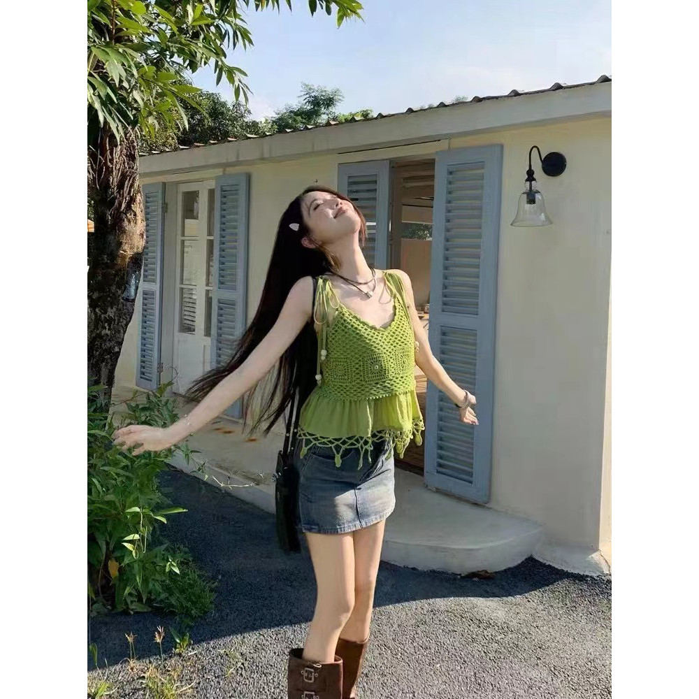 牛油果绿色v领流苏无袖抹胸吊带连衣裙女夏季娃娃裙子多巴胺短…