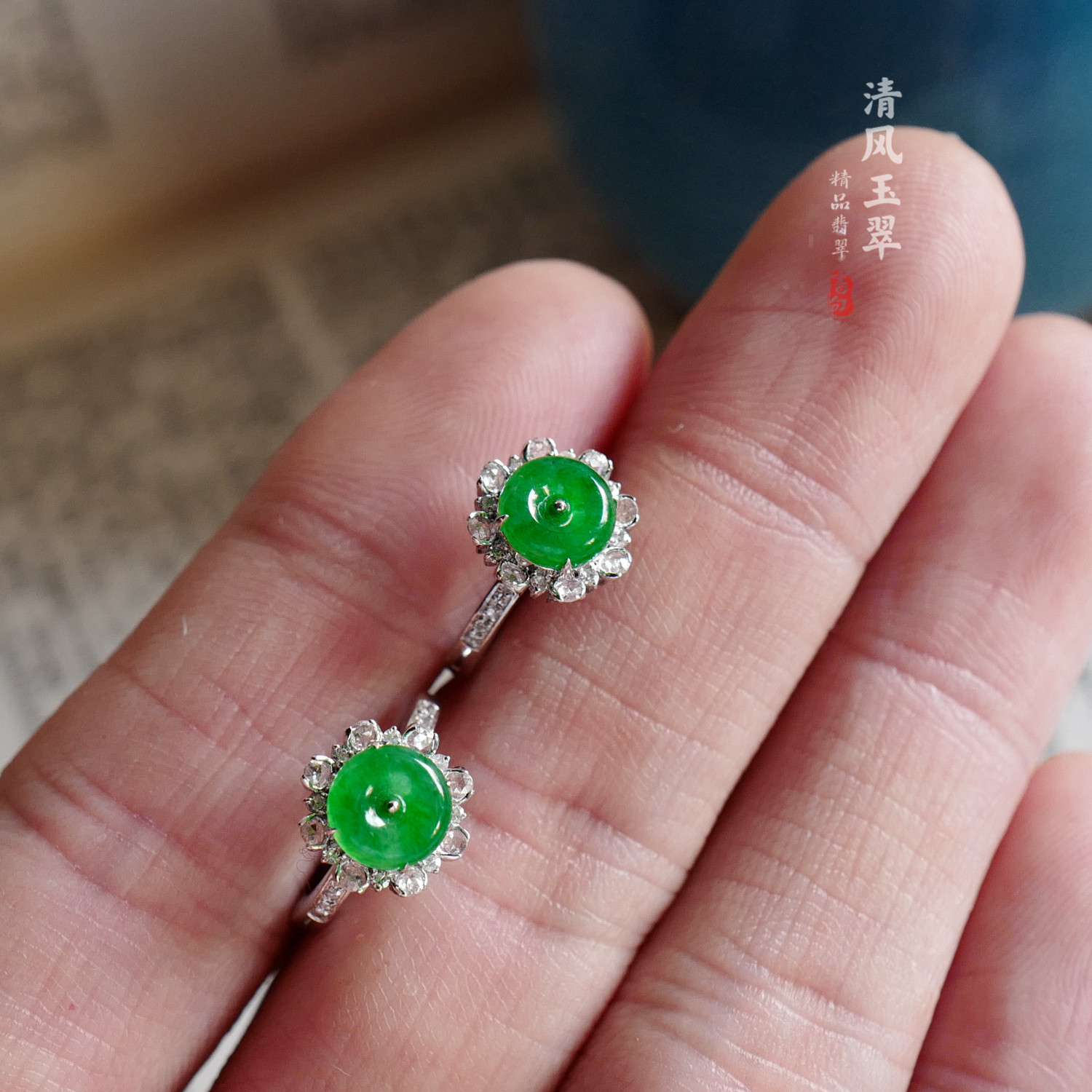 清风玉翠 18K金镶钻 满绿平安扣耳环 缅甸天然A货翡翠