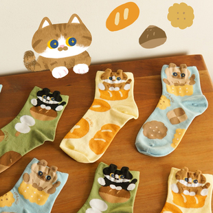 MEWJI原创可爱猫咪袜子妙吉日系插画猫猫短款春夏卡通棉袜礼物