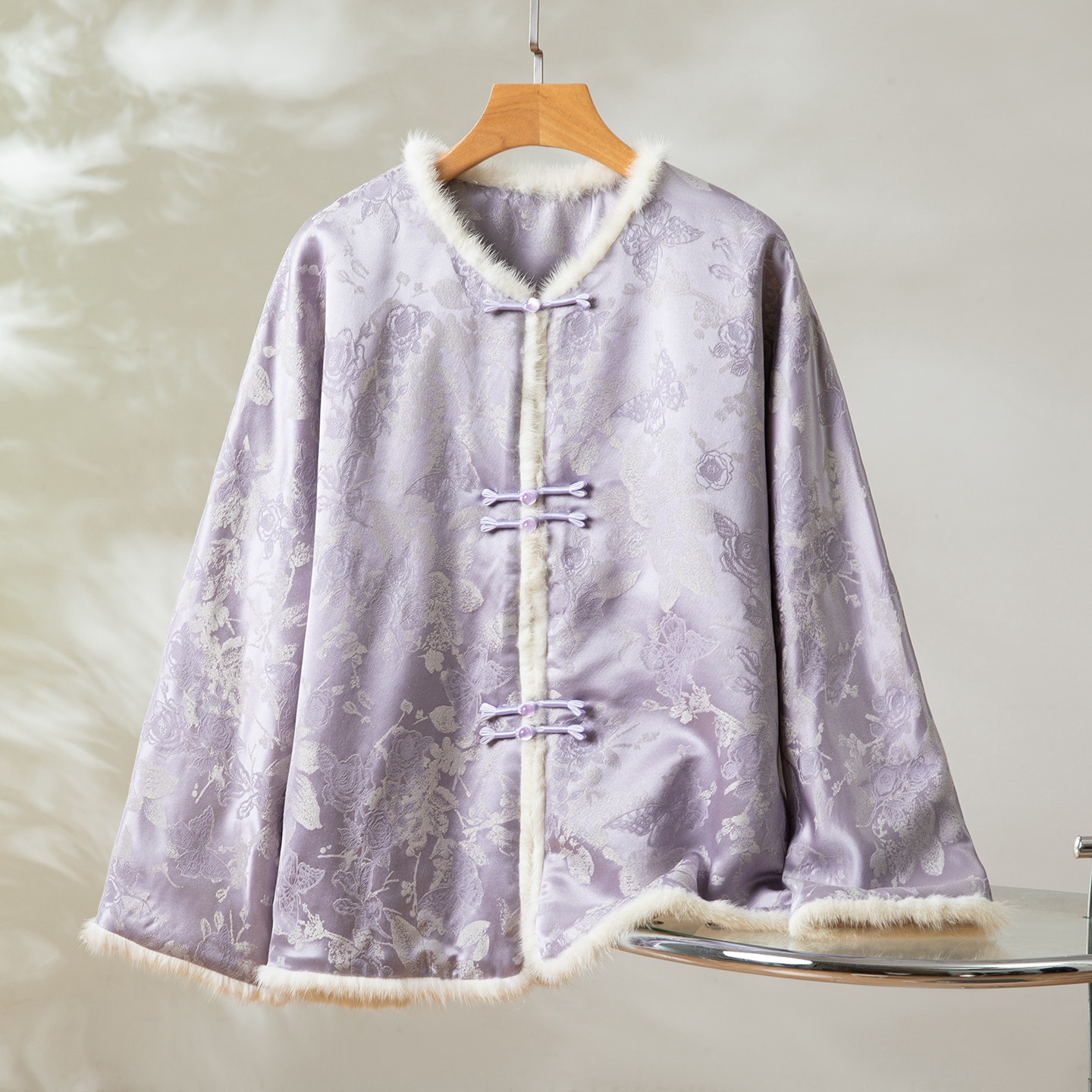 新中式提花丝羊毛夹蚕丝棉保暖女装国风气质水貂毛复古外套上衣