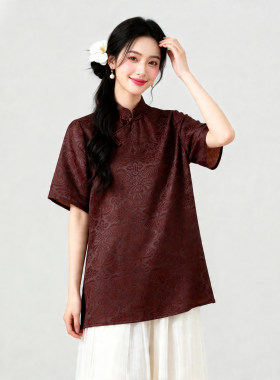 佛手莲红云纱花萝提花香云纱奥黛真丝加长款短袖上衣桑蚕丝国风